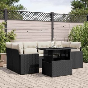 7 pcs conjunto de sofás p/ jardim c/ almofadões vime PE preto