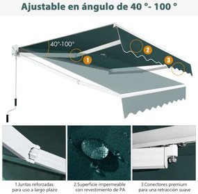 Toldo retrátil 245 x 200 cm com manivela manual em poliéster impermeável, marquise em alumínio para porta de janela verde
