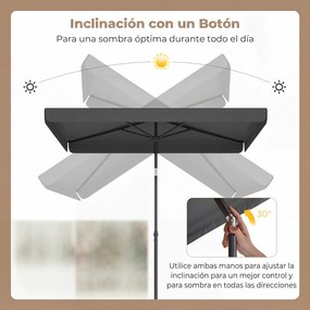Guarda sol de Exterior Retangular, 200 x 130 cm (BASE NÃO INCLUIDA), Inclinação Bidirecional de 30°, Cinzento