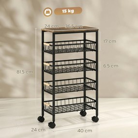 Carrinho Auxiliar com Rodas 4 Cestos Amovíveis 15 kg Estrutura Metálica para Sala de Jantar 40x24x81,5 cm Castanho Rústico