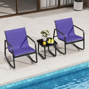 Conjunto de 3 peças baloiço para jardim, 2 cadeiras de bistrô e mesa baixa de vidro com tecido de malha respirável e faixa antiderrapante Azul
