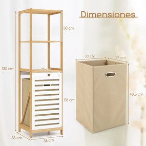 Cesto para roupa suja inclinável 36 x 33 x 130 cm, com 4 níveis extraíveis, em bambu, com prateleiras, organizador para lavandaria, casa de banho e qu