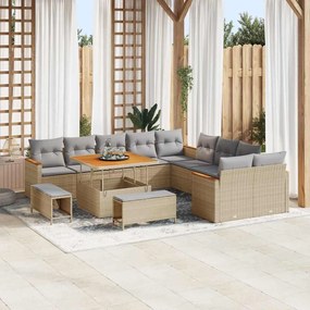 Conjunto de Sofá para Jardim com 13 Peças e Almofadas Bege Rattan Sintético Acácia