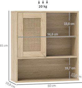 Armário de parede de casa de banho 60L x 19,8l x 65A cm, com porta de correr em rattan e prateleiras abertas, madeira natural