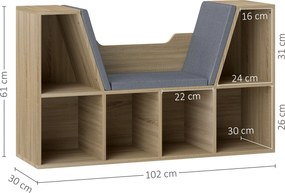Estante para Livros 102x30x61 cm com Banco Integrado e 6 Cubos Estante Infantil com Assento Madeira e Cinzento