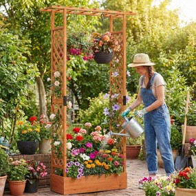 Floreira de jardim 110 x 35 x 227 cm elevada em madeira com treliça, teto suspenso, orifícios de drenagem, abeto, para plantas trepadeiras, laranja