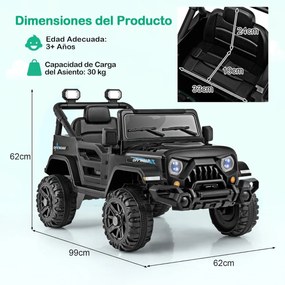 Carro elétrico para crianças de 12 V com 3 velocidades, música e luzes LED 99 x 62 x 62 cm preto