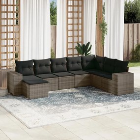 8 pcs conjunto sofás de jardim c/ almofadões vime PE cinzento