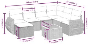 8 pcs conjunto sofás de jardim c/ almofadões vime PE cinzento