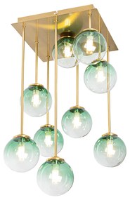 Candeeiro de teto Art Déco dourado com vidro verde 9 luzes - Athens Art Deco