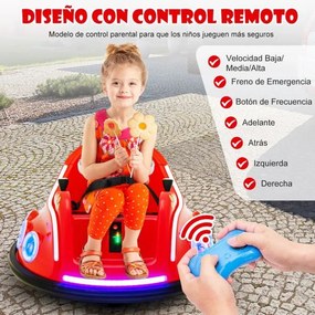 Carrinho de choques para crianças 12V com rotação de 360°, Luzes, controlo remoto, Música  73 x 73 x 43cm Vermelho