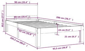 Estrutura de cama 90x200 cm pinho maciço cinzento