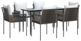 7 pcs conjunto de jantar p/ jardim c/ almofadões vime PE e aço