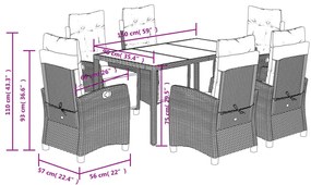 7 pcs conjunto de jantar p/ jardim c/ almofadões vime PE preto
