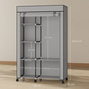 Guarda roupa em tecido, móvel de arrumação com 6 rodas, varão para roupa e prateleiras abertas, 103 x 43 x 162,5 cm, cinzento