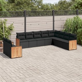 10 pcs conjunto sofás de jardim c/ almofadões vime PE preto