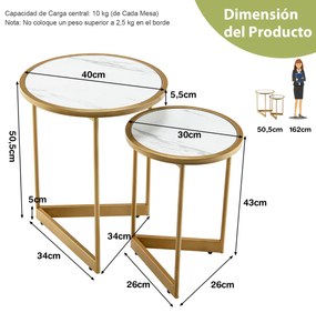 Conjunto de 2 mesas de apoio redondas Tampos em mármore Estrutura em aço douradas para o quarto Sala de estar Branco e Douradas