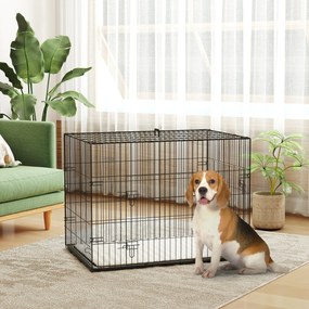 Gaiola de transporte dobrável para cães com pega, tabuleiro removível e almofada incluída – 90 x 57,5 x 62 cm – preta