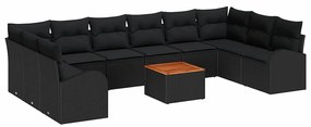 Sofá de Jardim 11 Peças com Almofadas Pretas em Rattan, Poliéster e Ma