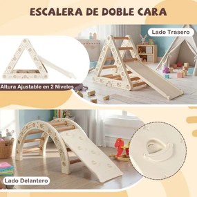 Conjunto de triângulo para crianças de escalada Montessori 5 em 1 com trepa-trepa em forma de triângulo Arco e escada dupla Bege + Castanho