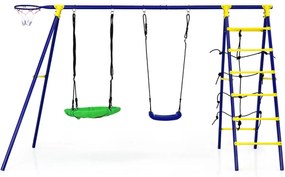 Conjunto de baloiço de jardim para crianças 5 em 1 com cesto de basquetebol Rede de trepar Estrutura metálica para parque de jardim295 x 138 x 176,5 c