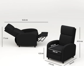 Poltrona relax, poltrona reclinável de sala, poltrona de relaxamento - encosto ajustável até 160°, apoio para os pés integrado Preta