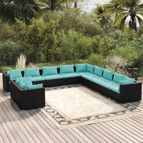 vidaXL 11 pcs conjunto lounge de jardim c/ almofadões vime PE preto