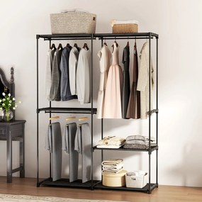 Guarda roupa aberto portátil 142 x 43 x 185 cm com 3 varões para pendurar roupa e 4 prateleiras, preto