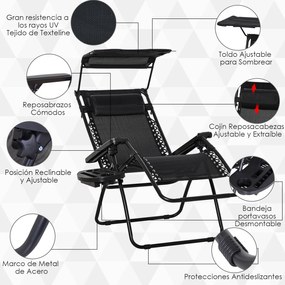 Outsunny Espreguiçadeira Dobrável Gravidade Zero com Toldo Apoio para os Braços Espreguiçadeira Reclinável com Bandeja Removível 90x67x110cm Preto