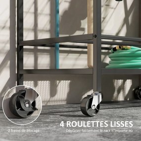Organizador de ferramentas de jardim, suporte para ferramentas de jardim com 54 compartimentos, 5 ganchos de aço, sobre rodas, 3 níveis, preto