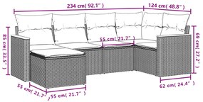 6 pcs conjunto sofás de jardim com almofadões vime cinzento