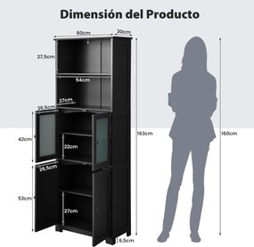 Armário multifunional alto com 2 portas Gaveta Estantes ajustáveis Armário de pé para sala Quarto Cozinha 60 x 30 x 163 cm Preto