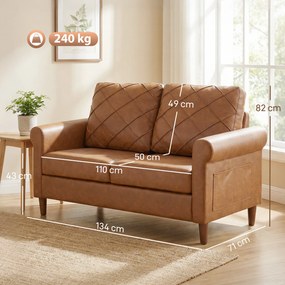 Sofá de 2 Lugares de PU com Pés de Madeira Encosto com Costuras Sofá Moderno para Sala de Estar Quarto Castanho