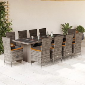 vidaXL 11 pcs conjunto jantar p/ jardim c/ almofadões vime PE cinzento