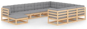 11 pcs conjunto lounge de jardim c/ almofadões pinho maciço