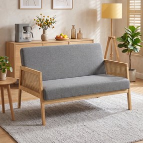 Sofá de 2 Lugares com Efeito Linho Detalhes em Vime Sintético e Estrutura em Madeira até 240 kg 115x77x77 cm Cinza