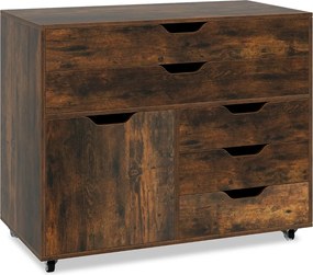 Armário de armazenamento para escritório 77,5 x 40 x 64 cm com 5 gavetas com porta 5 rodas com rodas suporte para impressora Castanho