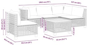 6 pcs conjunto de sofás p/ jardim com almofadões vime PE bege