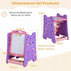 Cavalete Infantil 3 em 1, 43 x 38,5 x 55,5 cm, Quadro de Dupla Face, Rosa
