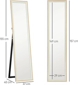 Espelho de Pé 37x157 cm Espelho de Corpo Inteiro com Estrutura de MDF e Suporte Branco e Madeira Clara