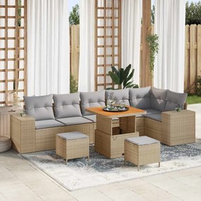 Conjunto de Sofá de Jardim de 9 Peças com Almofadas Bege Vime Sintético Acácia