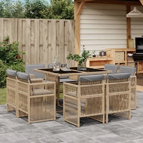 vidaXL 9 pcs conj. jantar jardim c/ almofadões vime PE bege misturado
