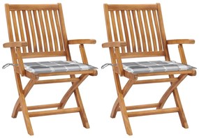 vidaXL Cadeiras jardim c/ almofadões xadrez cinzento 2 pcs teca maciça