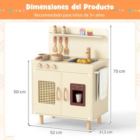 Cozinha infantil de madeira 52 x 31,5 x 73 cm com máquina de gelo realista e armazenamento para crianças com mais de 3 anos Amarela