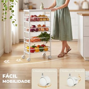 Carrinho Auxiliar com Rodas com 4 Cestos Amovíveis Carga até 15 kg Estrutura Metálica para Sala de Jantar e Casa de Banho 40x24x82 cm Branco