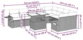 10 pcs conjunto sofás de jardim c/ almofadões vime PE preto