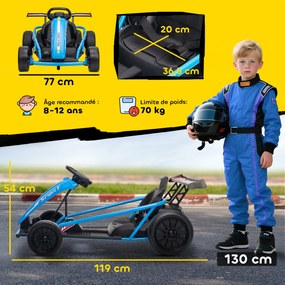 Kart elétrico GoKart para crianças, com 2 motores de 24 V, modo de derrapagem a 13 km/h, 119 x 77 x 54 cm, azul
