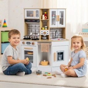 Cozinha de brincar para crianças 75 x 36 x 96 cm de madeira com som e luz Fogão Pia Exaustor Acessórios de cozinha Branco e Natural