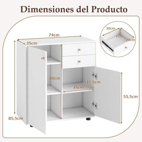 Aparador armário para cozinha ou sala 74 x 35 x 85,5 cm com 2 gavetas, 2 portas e 3 prateleiras ajustáveis, estilo rústico moderno Branco