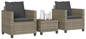 vidaXL 3 pcs conjunto bistrô com almofadões vime PE cinza